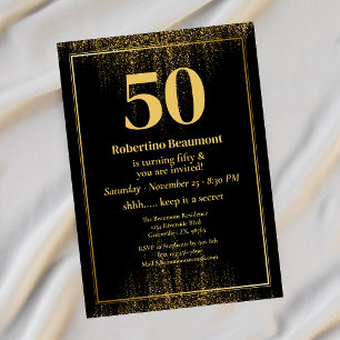 Black Gold Border Glitter Modern 50th Birthday Invitation