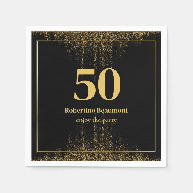 Black Gold Border Glitter Modern 50th Birthday Napkin (Front)