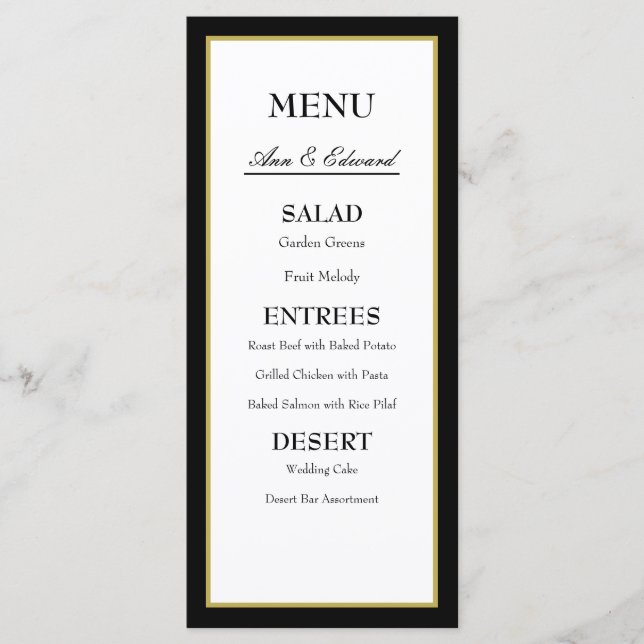 Black Gold Border Wedding Menu Card (Front)
