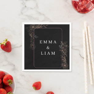 Black Gold Botanical Floral Wedding Cocktail Napkin