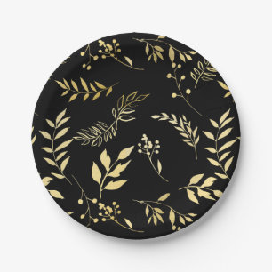 Black & Gold Botanical Glamour Glam Wedding Party Paper Plate