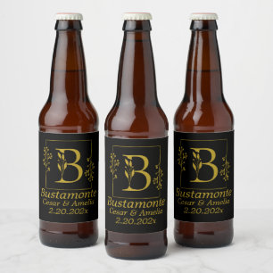 Black & Gold Botanical Letter B   Beer Bottle Label