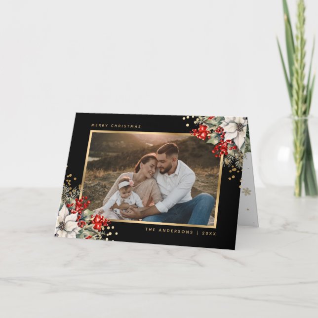 Black Gold Botanical Photo Christmas Card (Front)