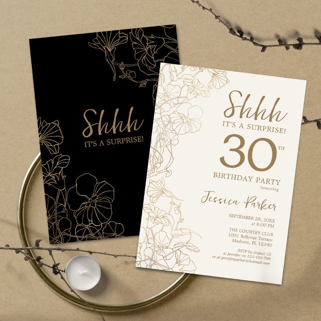 Black Gold Botanical Surprise 30th Birthday Invitation (Creator Uploaded)