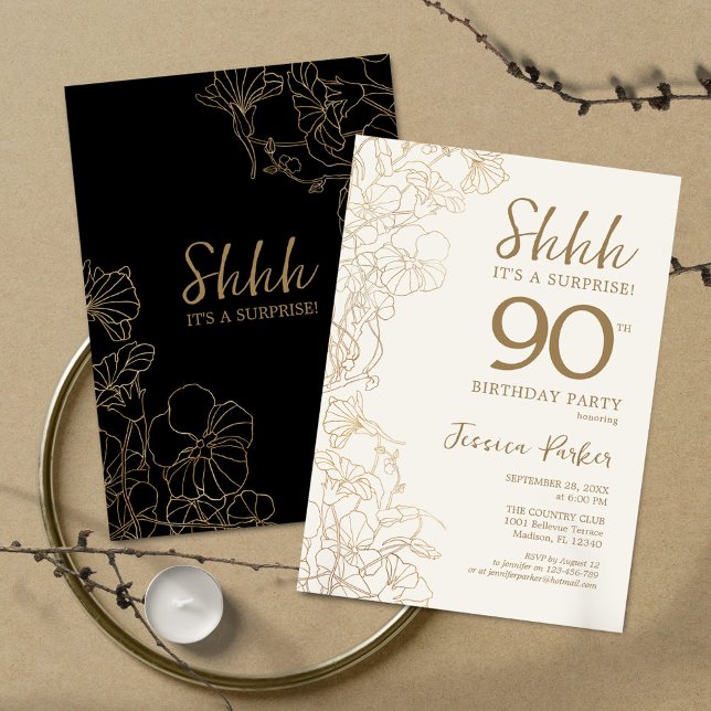 Black Gold Botanical Surprise 90th Birthday Invitation (Creator Uploaded)
