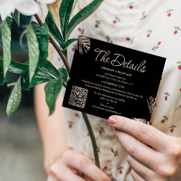 Black & Gold Botanical Wedding Details with QR Enclosure Card