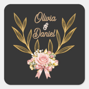 Black Gold Botanical Wedding Envelope Sticker