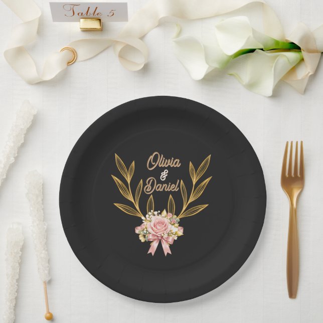 Black Gold Botanical Wedding Paper Plates (Wedding)