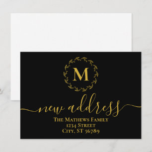 Black Gold Botanical Wreath Monogram New Address Announcement