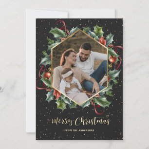 Black Gold Botanical Wreath Photo Christmas Cards