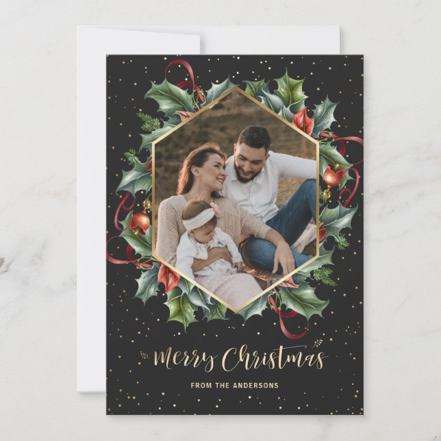 Black Gold Botanical Wreath Photo Christmas Cards (Front)