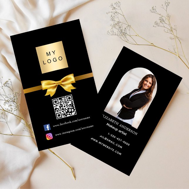 Black gold bow arch photo Qr code social media Business Card (Creator Uploaded)