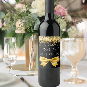 Black gold bow birthday wine label