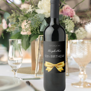 Black gold bow elegant birthday wine label