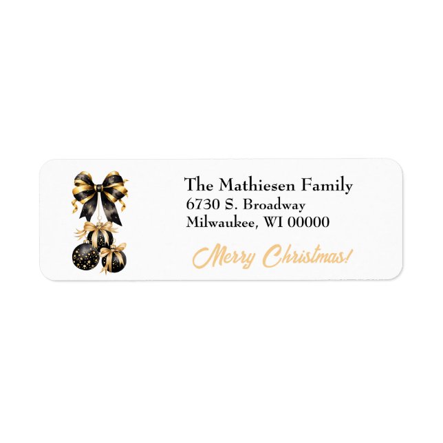 Black Gold Bow Holiday Bulb Trio Return Address Label (Front)