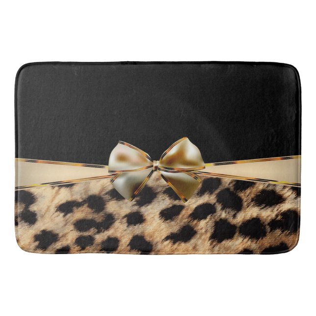Black & Gold Bow Leopard Cheetah Animal Print Bath Mat (Front)