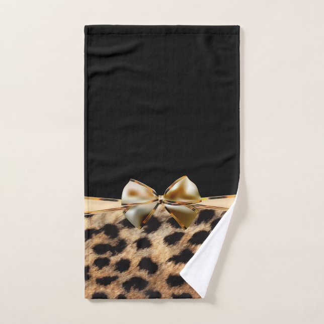 Black & Gold Bow Leopard Cheetah Animal Print Bath Towel Set (Hand Towel)