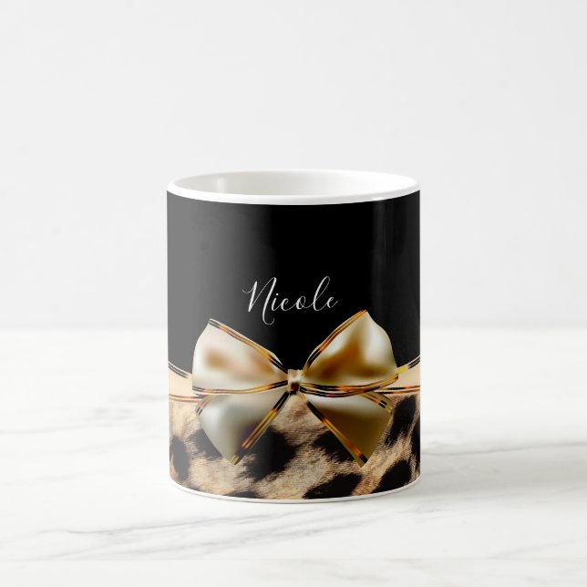 Black & Gold Bow Leopard Cheetah Animal Print Magic Mug (Center)