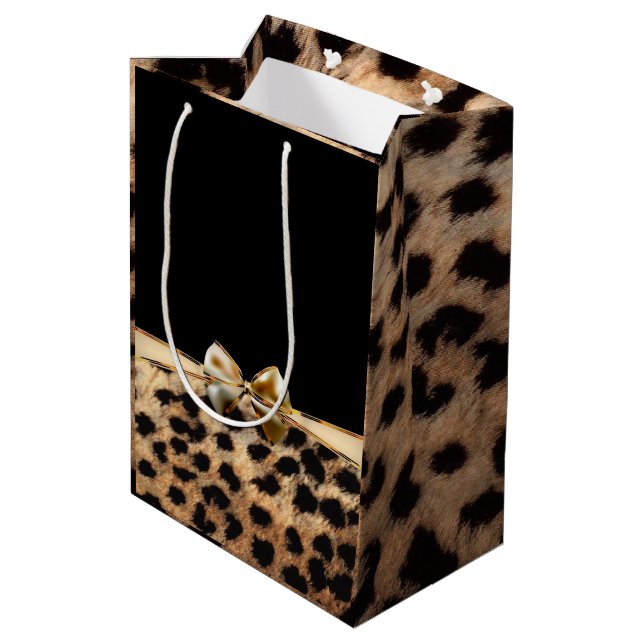 Black & Gold Bow Leopard Cheetah Animal Print Medium Gift Bag (Back Angled)
