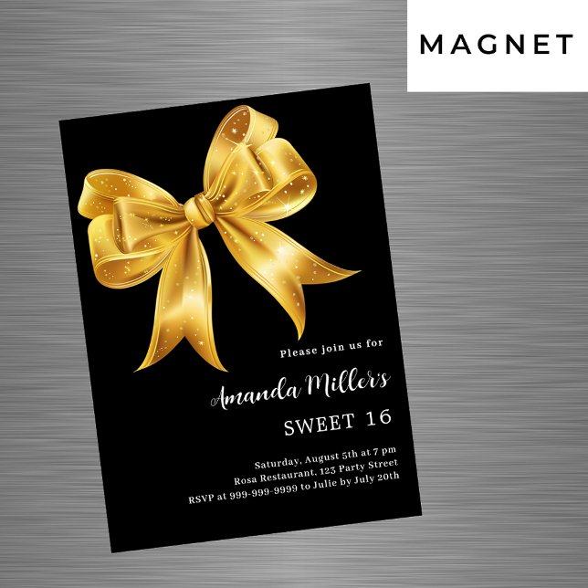 Black gold bow luxury Sweet 16 Magnetic Invitation (Creator Uploaded)