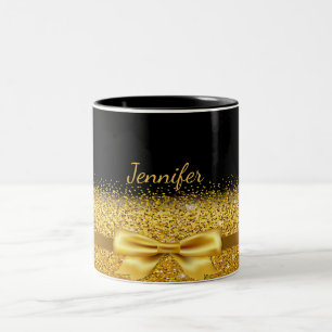 Black gold bow name elegant script Two-Tone coffee mug