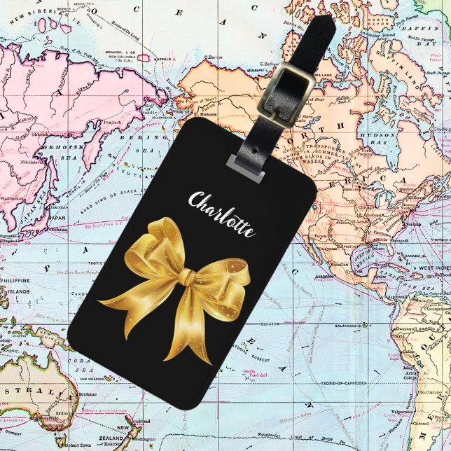 Black gold bow name script luggage tag (Creator Uploaded)