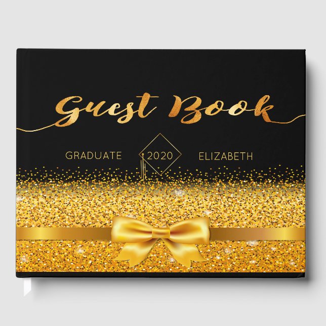 Black gold bow party elegant graduation party guest book (Front)