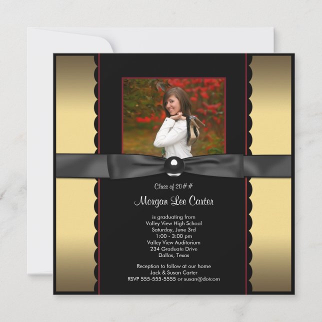Black Gold Bow Photo Graduation Announcement (Front)
