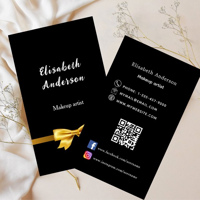 Black gold bow Qr code social media Business Card (Creator Uploaded)