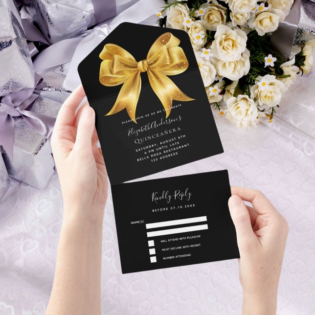 Black gold bow Quinceanera rsvp All In One Invitation (Creator Uploaded)