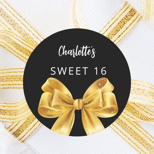 Black gold bow Sweet 16 Classic Round Sticker (Creator Uploaded)