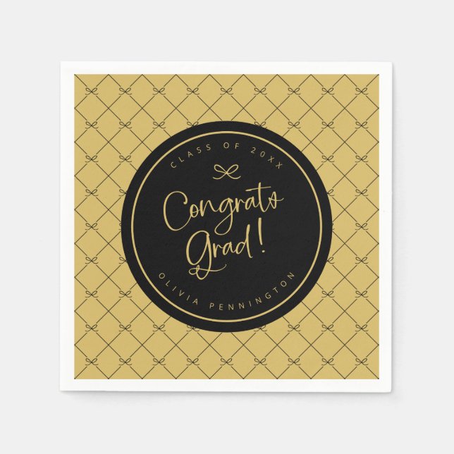 Black Gold Bows Congrats Grad Graduation Party Napkin (Front)