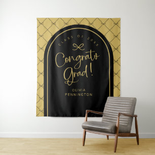 Black Gold Bows Congrats Grad Photo Backdrop Tapestry