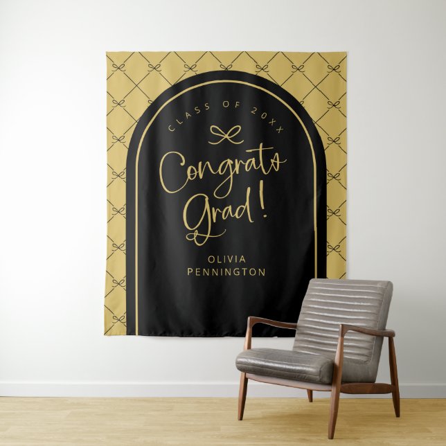 Black Gold Bows Congrats Grad Photo Backdrop Tapestry (In Situ)