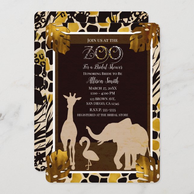 Black Gold Brown Zoo Animals Safari Bridal Shower Invitation (Front/Back)