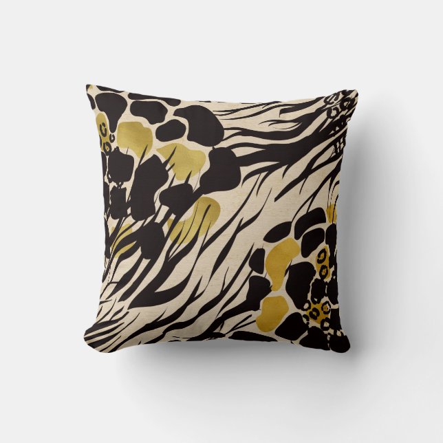 Black Gold Brown Zoo Animals Safari Print Party Cushion (Front)