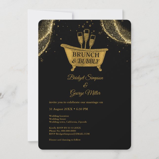 Black Gold Brunch & Bubbly Wedding  Invitation (Front)