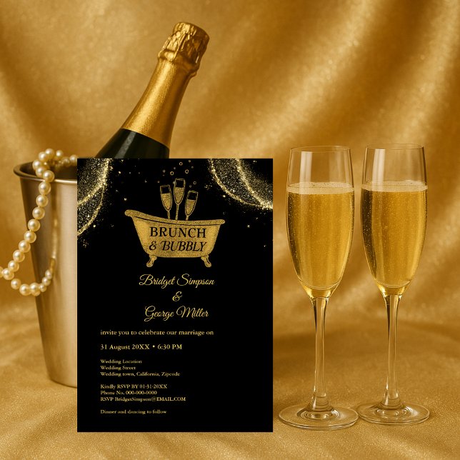 Black Gold Brunch & Bubbly Wedding  Invitation (Creator Uploaded)