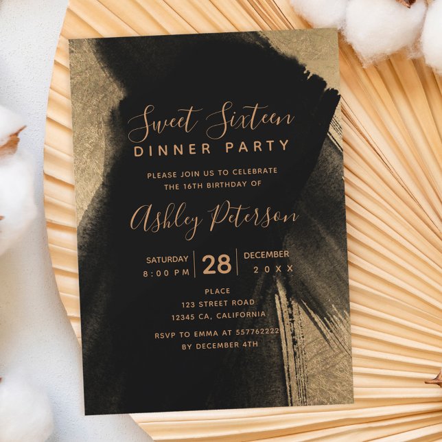 Black gold brushstrokes typography Sweet 16 Invitation (Creator Uploaded)