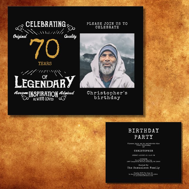 Black Gold Budget 70th Birthday Invitation Flyer (Celebrate the golden age of your loved one's life with this budget-friendly 70th birthday invitation)