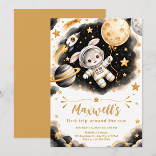 Black Gold Bunny Astronaut First Birthday Invitati Invitation