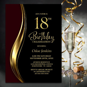 Black Gold Burgundy 18th Birthday Party Invitation