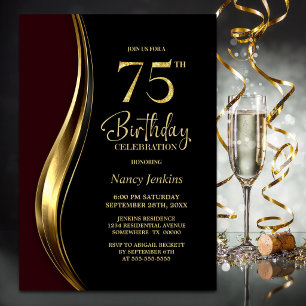 Black Gold Burgundy 75th Birthday Party Invitation