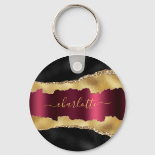 Black gold burgundy agate marble name script key ring