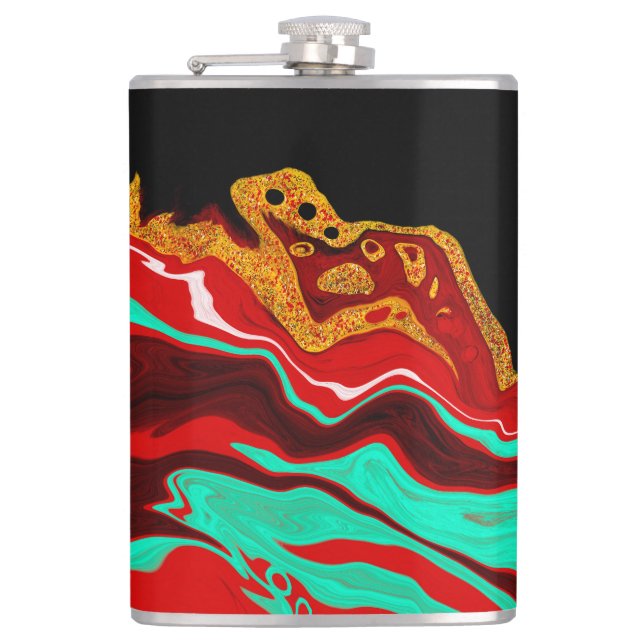 Black, Gold, Burgundy, Marble Art Hip Flask (Front)
