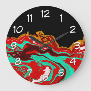 Black, Gold, Burgundy, Marble Art     Large Clock