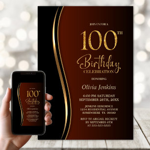 Black Gold Burnt Orange 100th Birthday Party Invitation