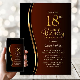 Black Gold Burnt Orange 18th Birthday Party Invitation