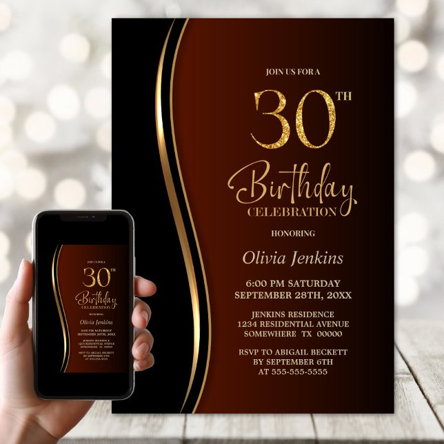 Black Gold Burnt Orange 30th Birthday Party Invitation (Creator Uploaded)