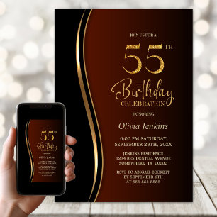 Black Gold Burnt Orange 55th Birthday Party Invitation